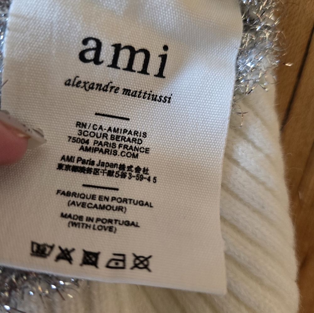 AMI Paris Funnel Neck Lurex-Striped White and Silver Sweater Size Small - Picture 10 of 11